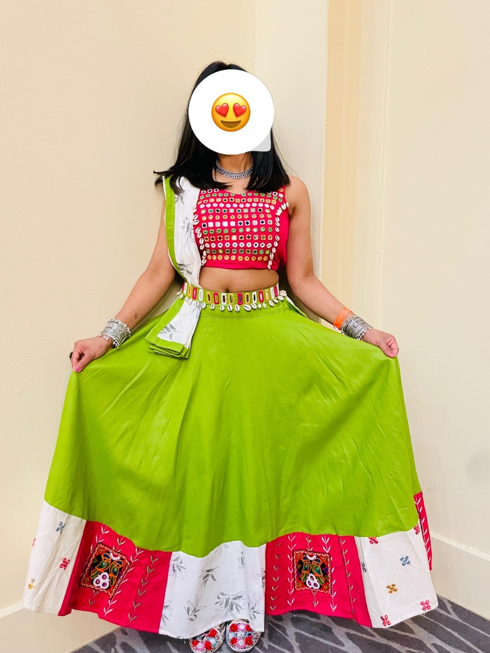 Not Rated Lime Green and Fuchsia Mirror-Embellished Lehenga Choli